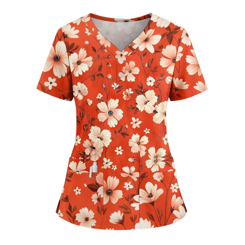 Women's Loose Short Sleeved Fashionable Flowers And Plants Printing V-neck Buttonable Side Slit Top T-shirt