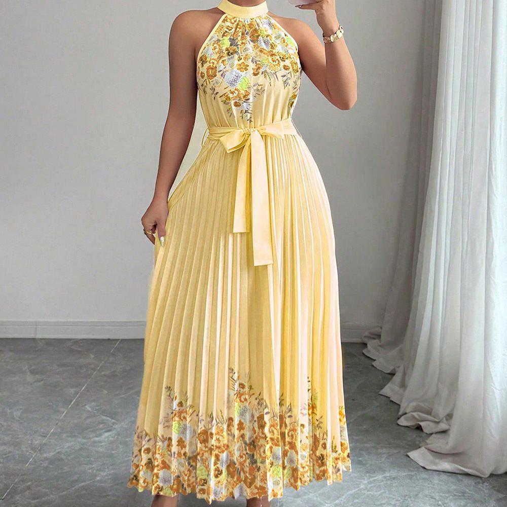 2025 European & American Style Women's Printed Pleated Long Dress