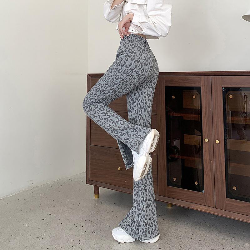 Grey Flared Pants Women's Trousers Autumn and Winter New High-waisted Split Checkerboard Drooping Feeling Lazy Wind Straight Casual Trousers