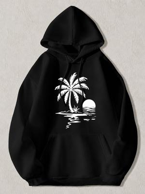 Black Pullover Hoodie with White Palm Tree and Sunset Graphic, Casual Long Sleeve Sweatshirt with Kangaroo Pocket for Beach Vacati