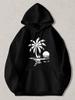 Black Pullover Hoodie with White Palm Tree and Sunset Graphic, Casual Long Sleeve Sweatshirt with Kangaroo Pocket for Beach Vacati