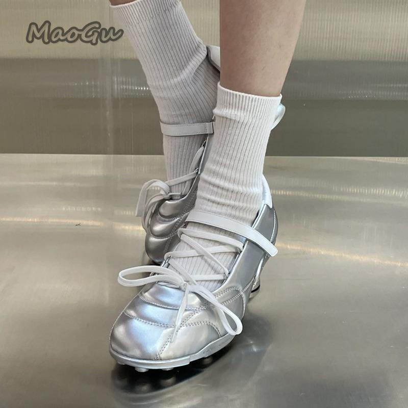 Fashion Strange Style Women's Lace Up Ballet Shoes Round Toe Comfortable Loafers Non-slip Black Silver Lightweight Mid Heel Pumps Size39