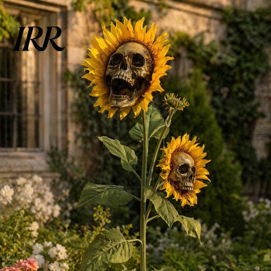 Fun Halloween Garden Accessory Sunflower Skull Ornament, Theme Decor, Potted Outdoor Spooky Planter Plant Waterproof Decoration, for Lawn
