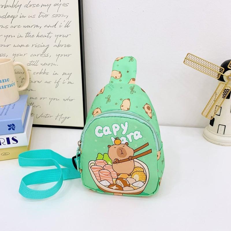 Cartoon Capybara Food Printed Kids Crossbody Bag With Nylon Material For Daily Use And Lightweight Comfort