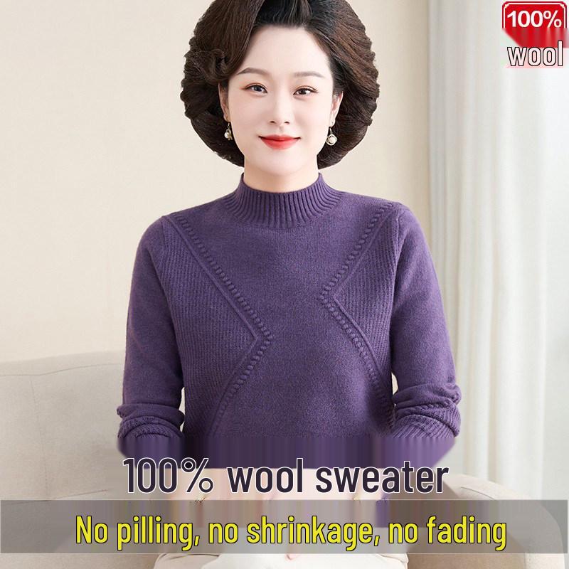 Luomeng 100% Pure Wool Thick Half-Collar Knit Sweater for Middle-Aged & Elderly Women