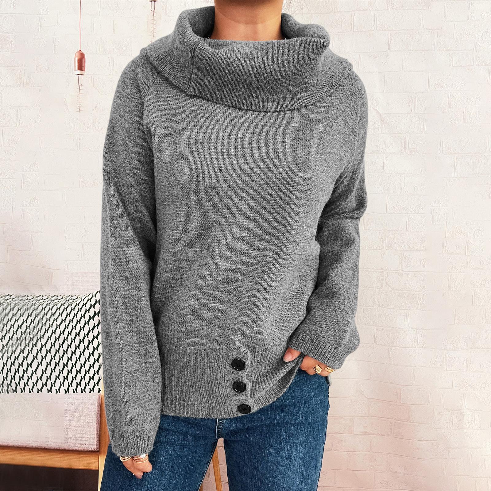 

Women s Fashion Casual Solid Color Versatile Retro Commuting High Collar Slim Pullover Striped Long Sleeve Knit Sweater L