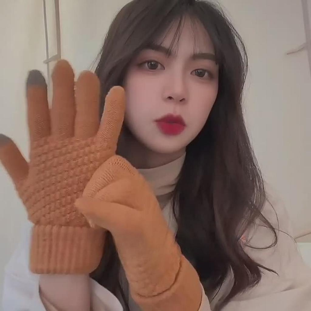 Female Autumn and Winter Korean Version Cute and Thick Double-layer Riding Cold Resistant Touch Screen Plush Knitted Warm Pineapple Gloves