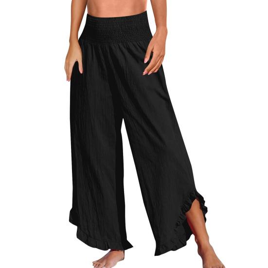 Women Casual Pants Pleated Elastic High Waist Wide Leg Long Trousers with Pockets Ruffle