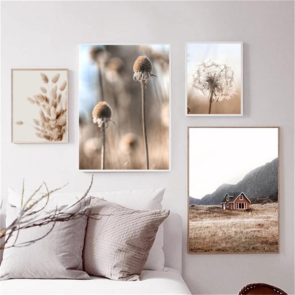 Beige Natural Wall Art Canvas Poster Print Reed Dandelion Grass Cow Canvas Painting Wall Pictures for Living Room Decorative Art