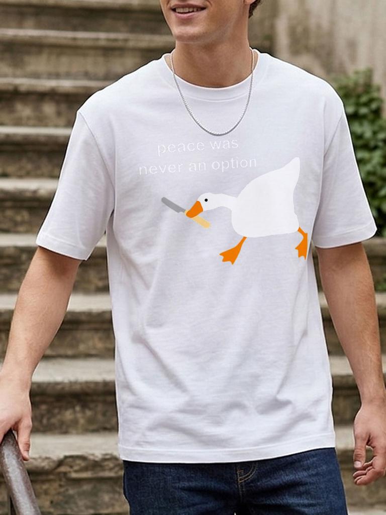 Unisex O Neck Tee Peace Never Option Goose Knife Print Cotton Short Sleeve Loose Summer Breathable Daily Casual Basic Wear Top