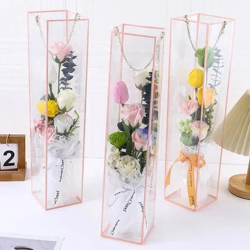 5pcs Transparent Plastic Flower Packaging Bag White Metal Chain Handle Bags Gift Box Flower  Handbag Wedding Party Decoration