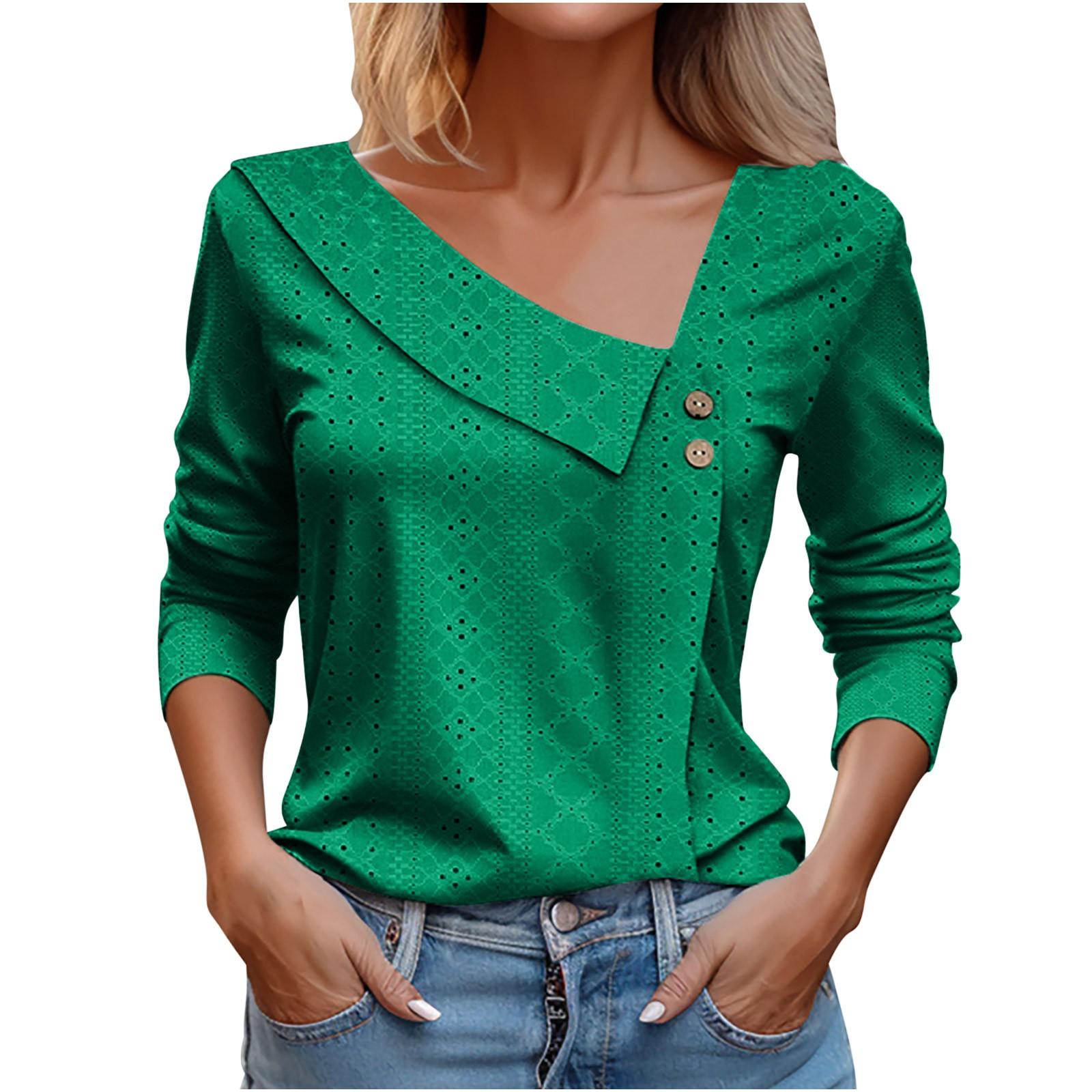 Women s Fashion V-Neck Button-Up Long-Sleeve T-Shirt Casual -Color Top M зелёный