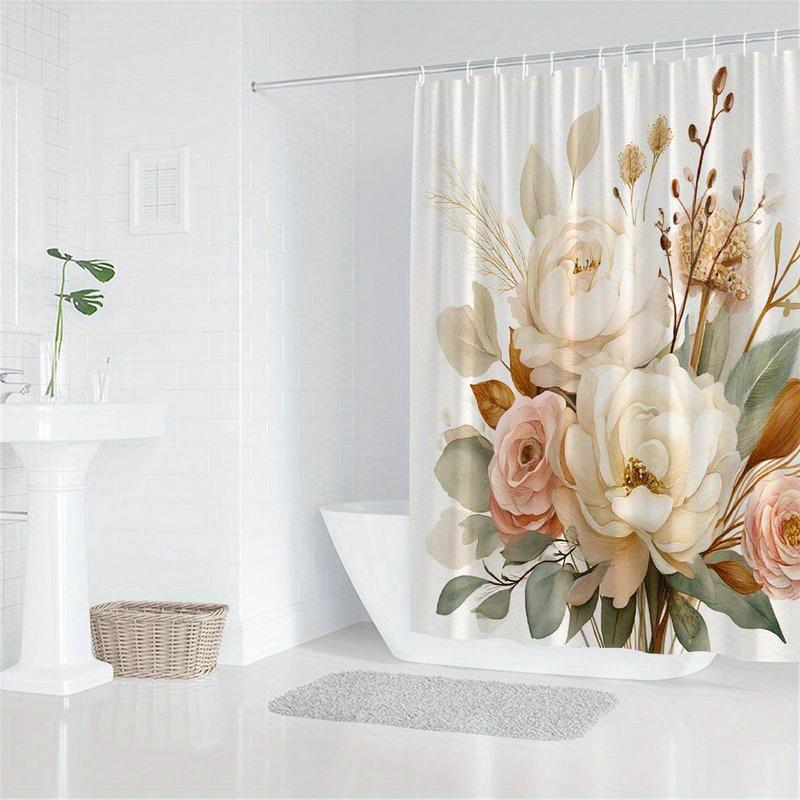 1 pièce Rideau de douche Pivoine et Tête de graine - Tissu Polyester, Lavable en Machine, Avec Crochets, Convient Pour la Décoration de Salle de Bain