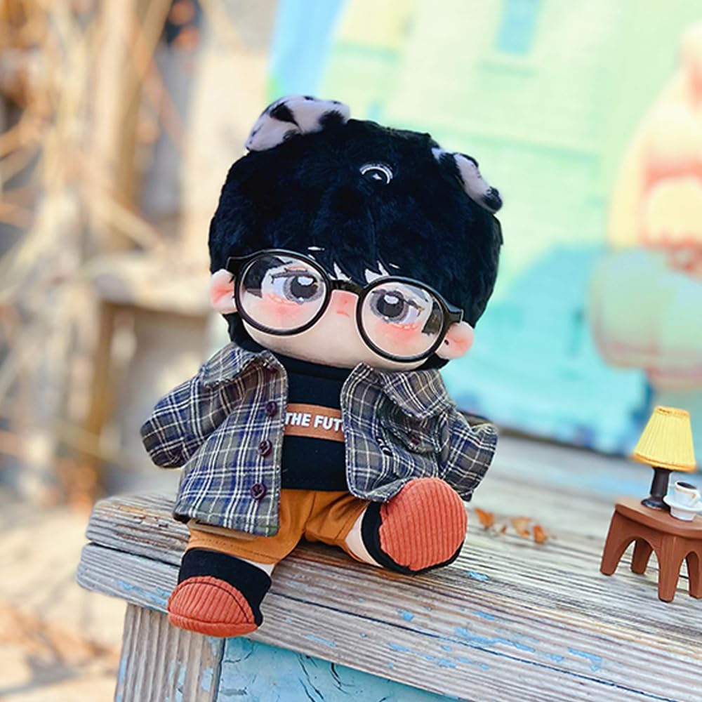 Niannyyhouse 20cm Plush Clothes Mori Dress Set Checkered Tops T-shirt Shorts Glasses Shoes Dress Up Cotton Doll Clothes (20cm)