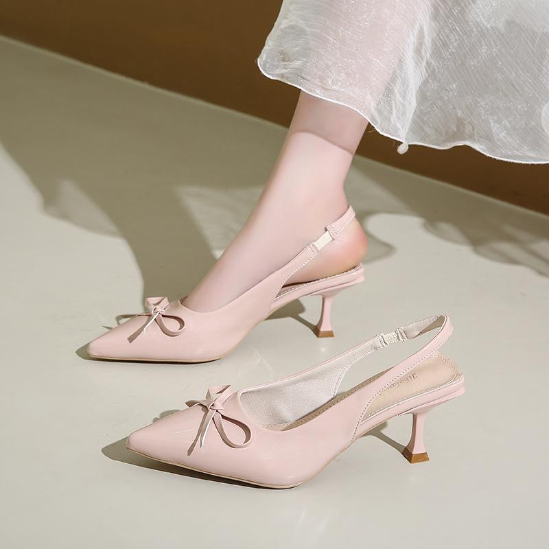 2025 new fashion bow patent leather light mouth sandals spring and summer pointed head bag head French and fairy beige shoes