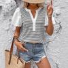 Baifenzhiyi 2026 Women's Striped Patchwork V-neck Puff Sleeve Casual T-shirt