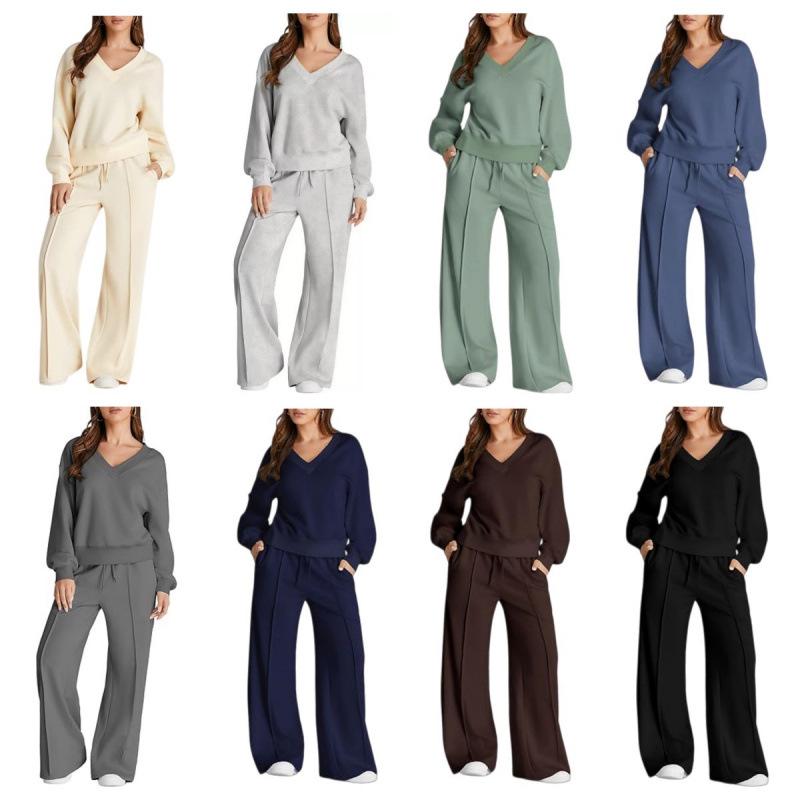 Conjunto Casual de Sudadera de Color Sólido con Cuello en V y Pantalones Largos para Mujer Otoño/Invierno 2025 - Moda Europea/Americana