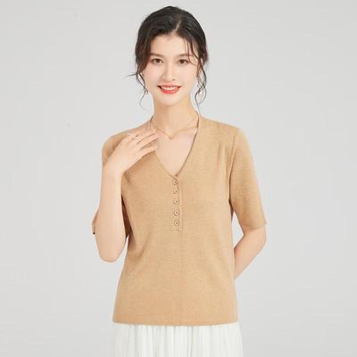 Jinjuan Women's Wool Blend Short Sleeve V-Neck Knit Top