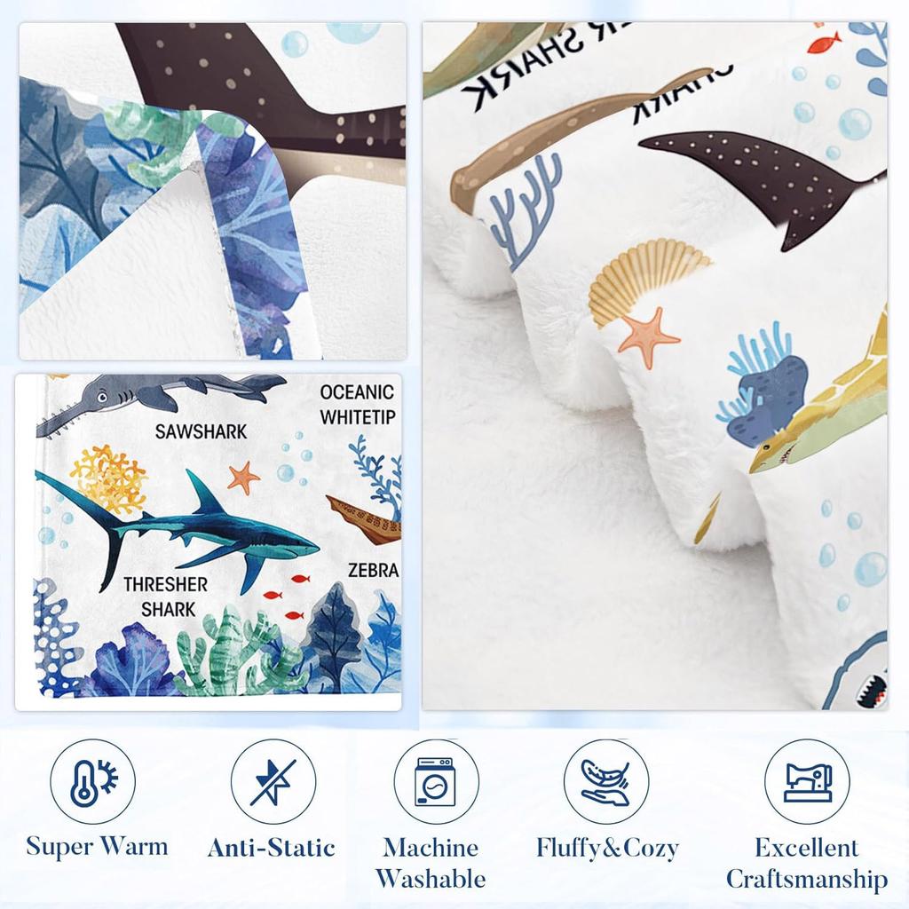 50x60 In Ocean Whale Dolphin Shark Flannel Blanket Boys Kids Shark Blanket Soft Warm Cozy Blue Theme Blanket for Sofa Bed Travel