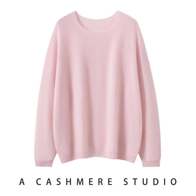 Women's Round Neck Versatile Cashmere Sweater - Solid Color, Long Sleeve, Fashionable Lazy Style for Spring, Autumn, and Winter