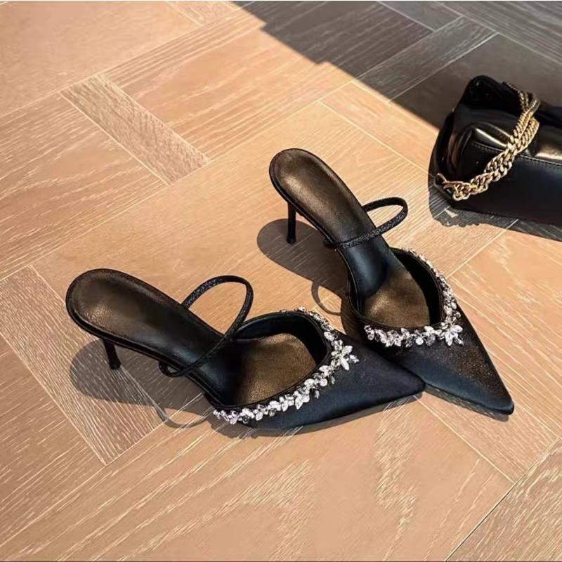 Summer new pointed rhinestone high heel thin heel purple word strap sandals half drag cool slippers outer wear women