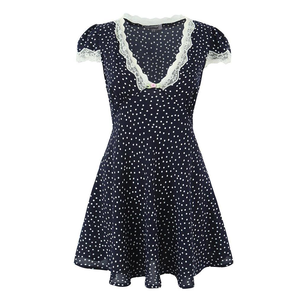 Elegant French Polka Dot Long V-Neck Lace Dress - Women's Summer 2026 Slimming Short-Sleeve Skirt.
