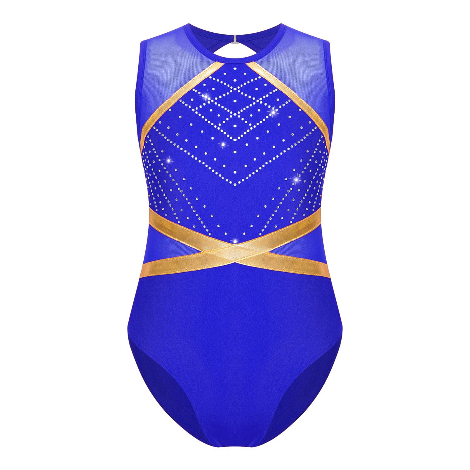 

Дівчачий блискучий леотард, прикрашений стразами, дизайн із вирізом на спині, боді без рукавів, одяг для фігурного катання 13-14 Years синій
