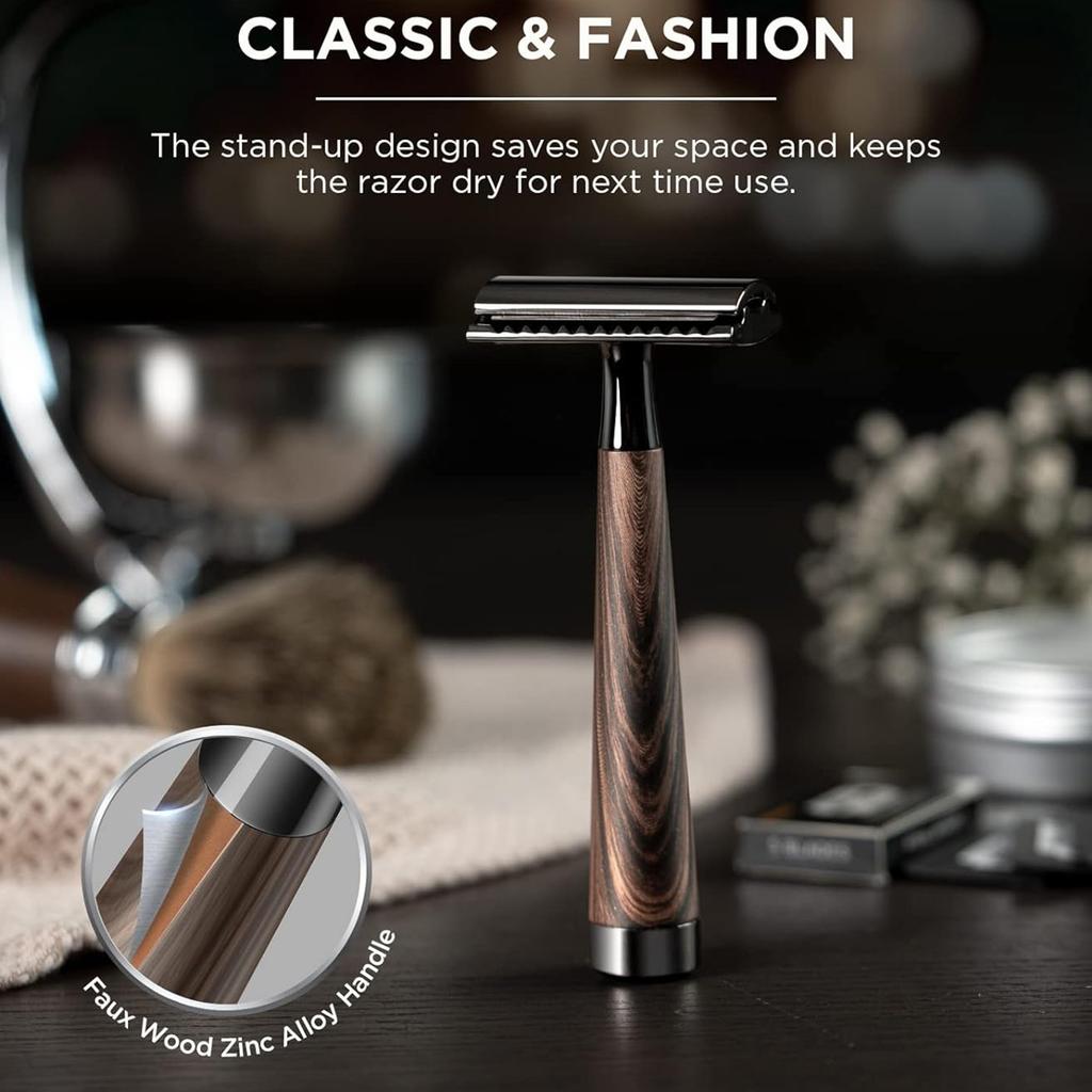 Double Edge Safety Razor Handle Razor with 5 Blades Heavy Duty Eco-Friendly Razor Replaceable Blade