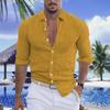 Bărbați cămașă de plajă respirabilă, cu mânecă lungă, cu rever, culoare solidă, cu un singur rând de nasturi, cu guler în V, casual, topuri, cămașă plisată subțire