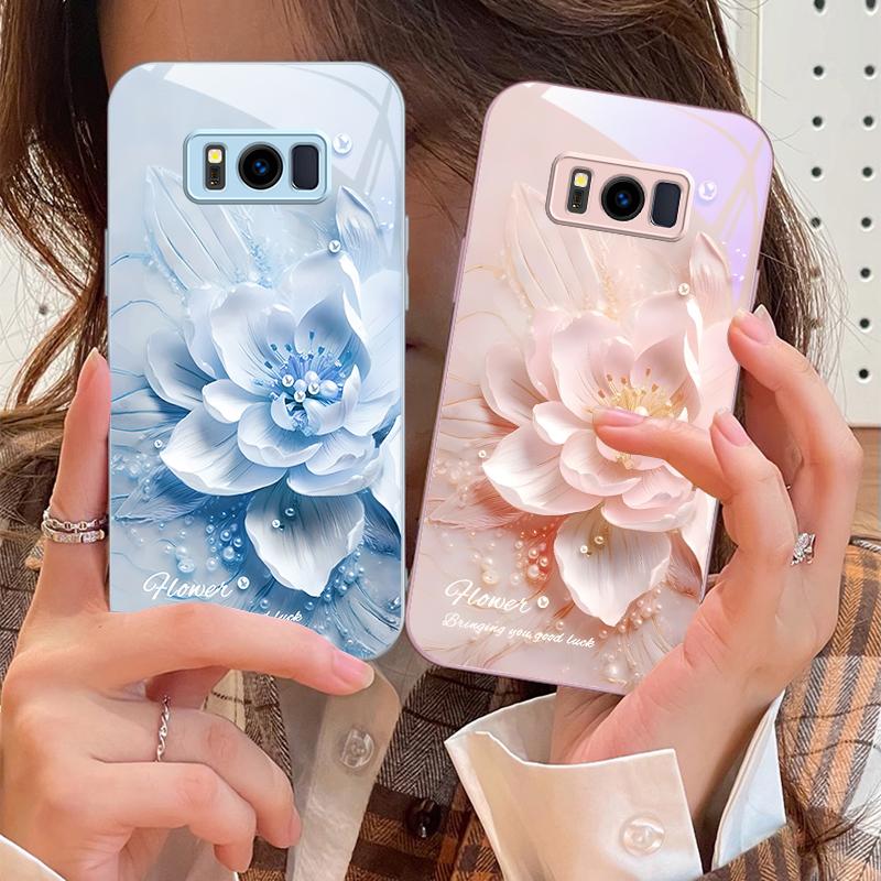 Blooming Blue Flowers For Samsung S25 S25 Edge S25Ultra S8 9 S10 20 U Ltra S21 Pro 22 Plus S23 FE S24 Ultra Glass Phone Case