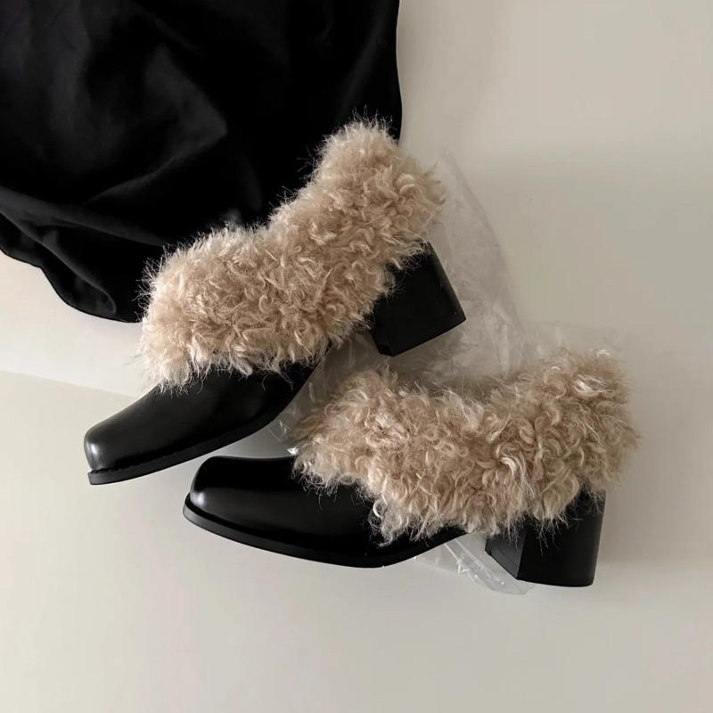 Schuhe mit eckiger Spitze, Ein Paar warme Retro-Fleece-Schuhe, Baumwollschuhe und klobige Einzelschuhe