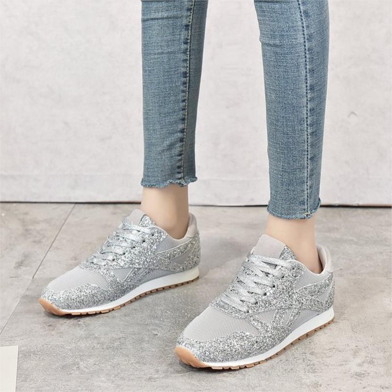 Deep Mouth Mesh Rubber Sneakers Mesh Sequin Lace Up Flat Heel Flat Round Toe Cross Strap  P420