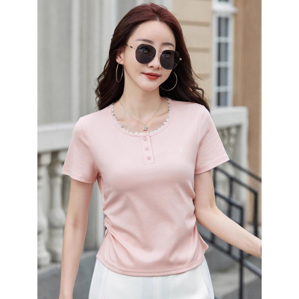 Gray Lace Trim Short Sleeve T-Shirt for Women Summer Ruched Waist Slimming Regular Shoulder Bow Embroidered Top