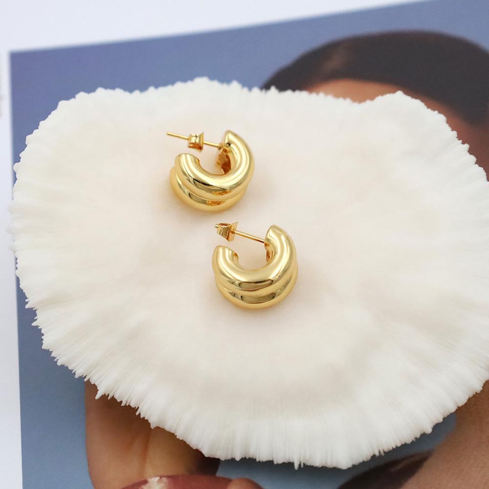 Stylish And Simple Titanium Steel Double-Layer C-Shaped Earrings, Earrings, Women'S 18K Gold-Plated Versatile Stud Earrings, Advanced Sense