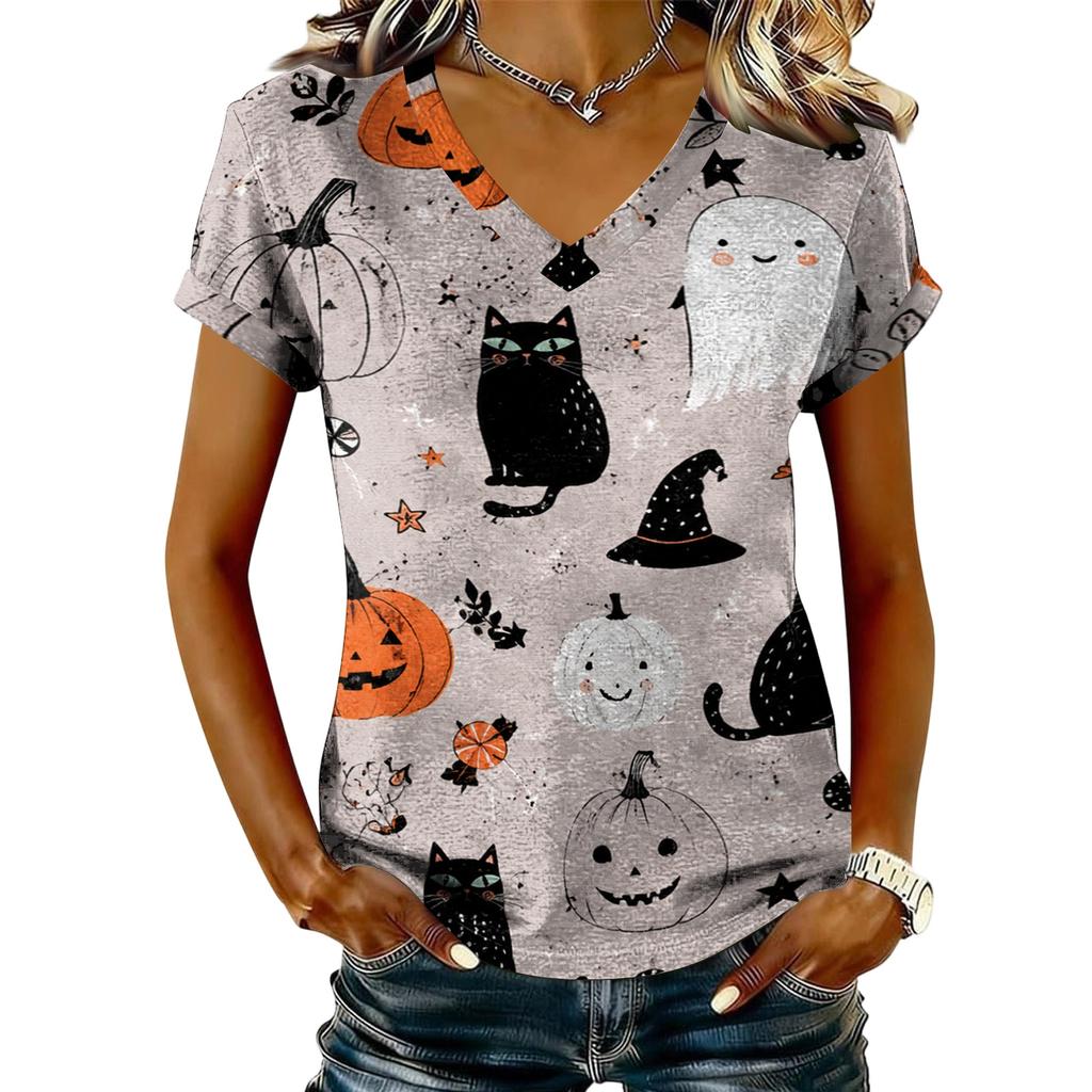 Women's V-Neck Short Sleeve Halloween Print T-Shirt Casual Pullover Top