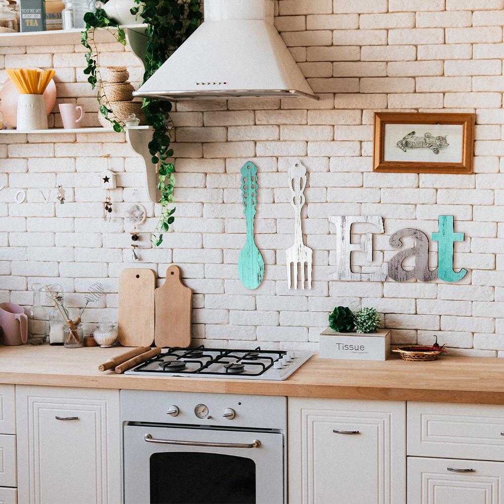 Eat Fork Spoon Sign Set Indoor Wall Rustic Wood Signs Decoration Restaurant Cafe Ornament Housewarming Craft Decorative