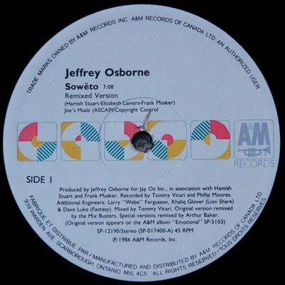 12-tommers plate JEFFREY OSBORNE Soweto Remixed Version SP12190 AM 1986 Canada Dance Electronica Brukt