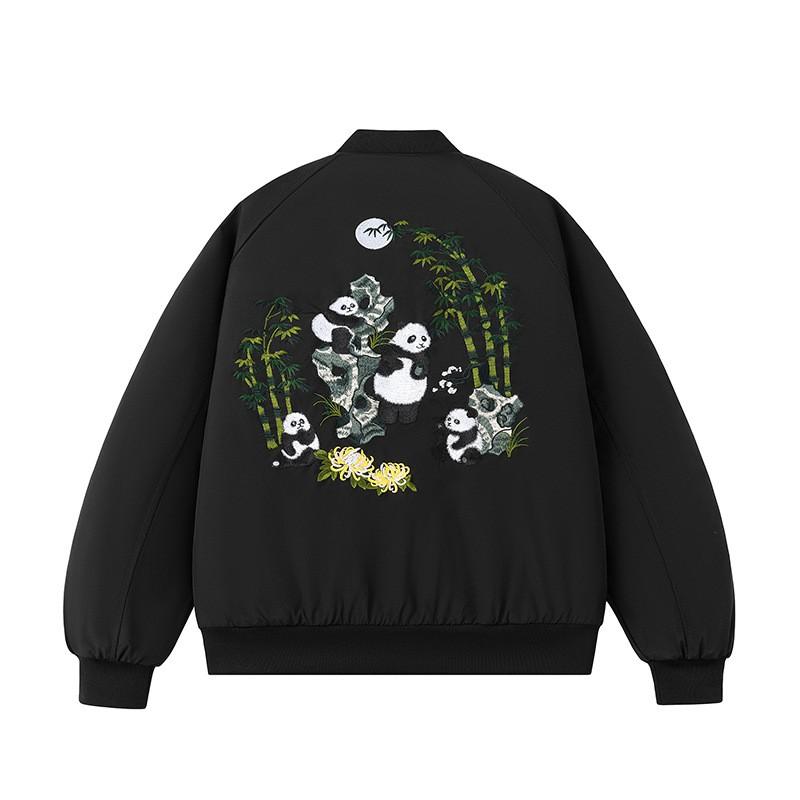 Mens High Street Vintage Embroidered Panda Floral Flight Jacket Loose Casual Baseball Coat Teens