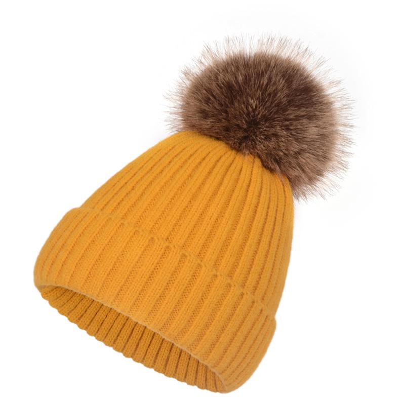 Gorro de Punto de Hilo Retorcido de Terciopelo Europeo y Americano con Pompón de Piel Sintética de Mapache - Estilo Versátil para Padres e Hijos