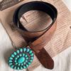 Brown Embossed Waist Belt Oval Turquoise Buckle Dress Waistband  Niche Accessories