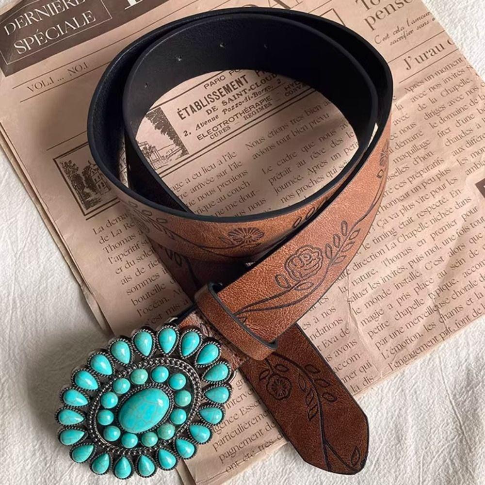 Brown Embossed Waist Belt Oval Turquoise Buckle Dress Waistband  Niche Accessories
