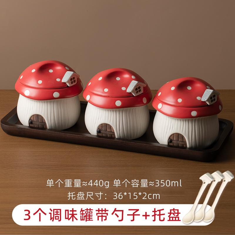 Ceramic Red Mushroom Seasoning Jar Set Kitchen Ceramic Salt Sugar Jar Soy Sauce Vinegar Bottle Home Ceramic Spice Box with Spoon