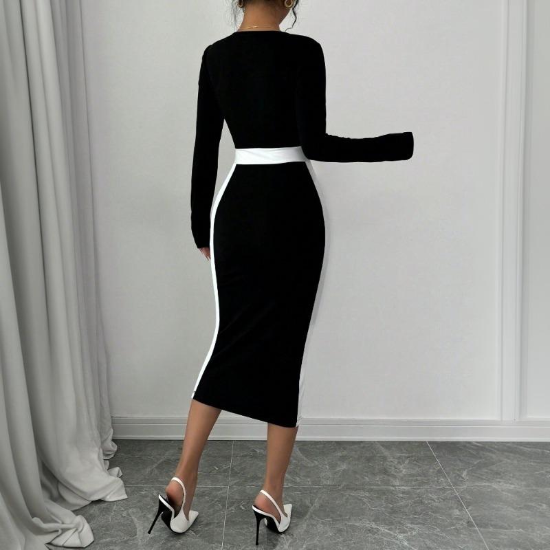 Women Color Block Patchwork Square Collar Long Sleeve High Waist Midi A Line Dress