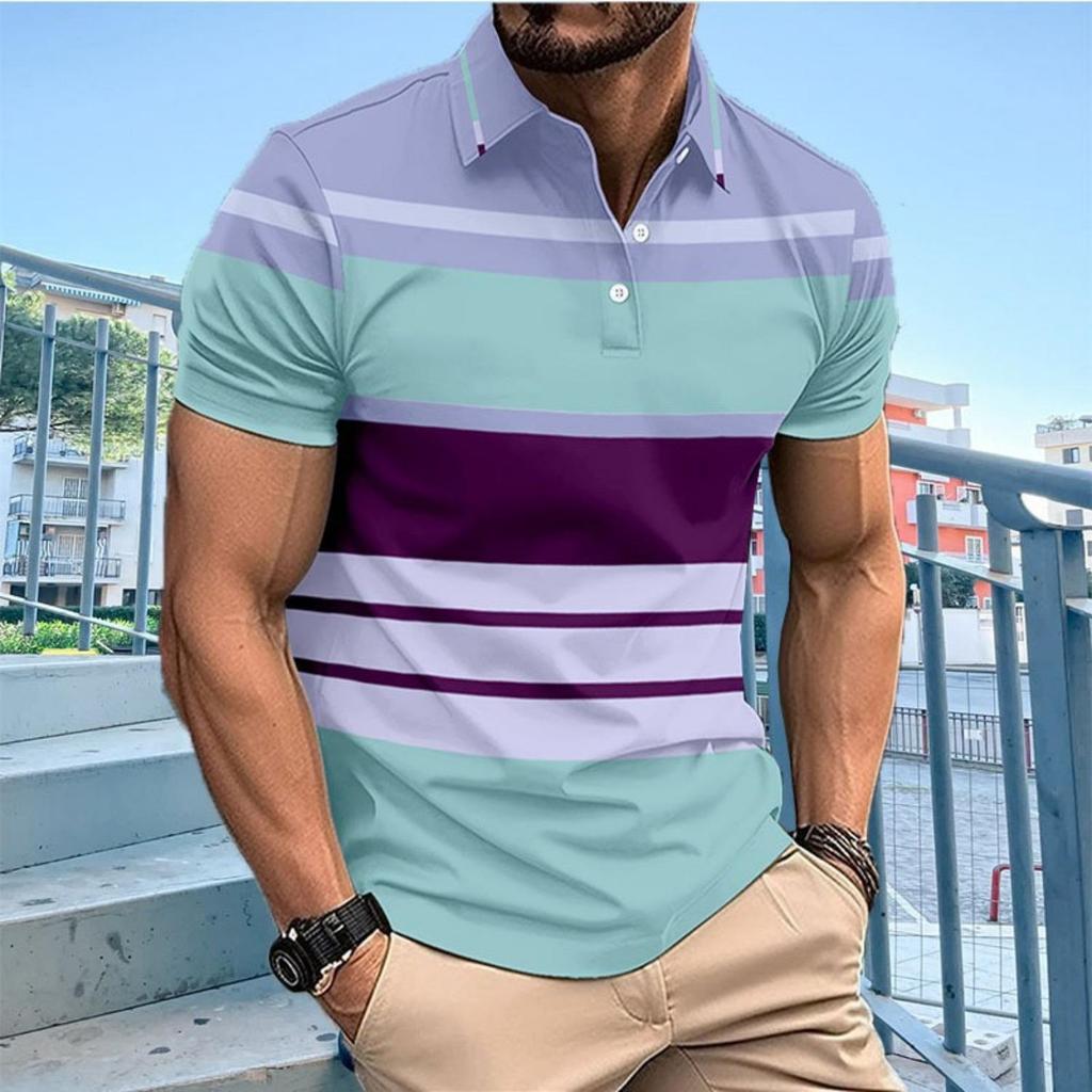 New Men's Casual POLO Shirt Digital Printing Striped Buttons Lapel Top T-shirt
