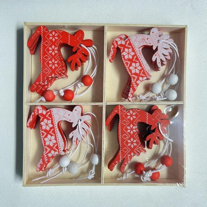 12Pcs Creative Christmas decorations DIY Christmas wooden pendants Christmas tree box set reindeer bell angel heart pendants