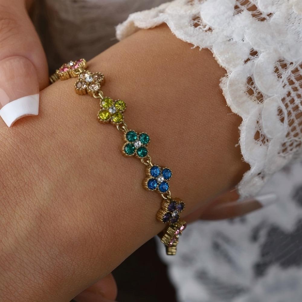 Colorful Flower Zircon Inlaid Bangle 316L Stainless Steel Gold Plated Adjustable Bracelet Minimalist Charm Jewelry Gift
