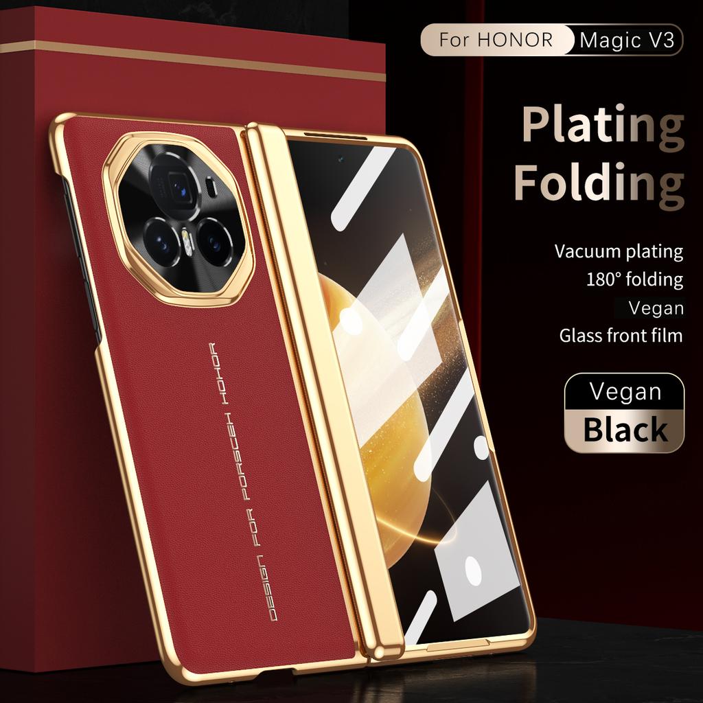 Luxe Leer Verguld Frame Scharnierende Gehard Glas Beschermfolie Hoesje voor Honor Magic V6 V 5 Magic V3 All-inclusive Cover