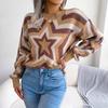 Women Y2K Autumn Winter Contrast Star Long Sleeve Pullover Sweater O Neck Knitted Tops