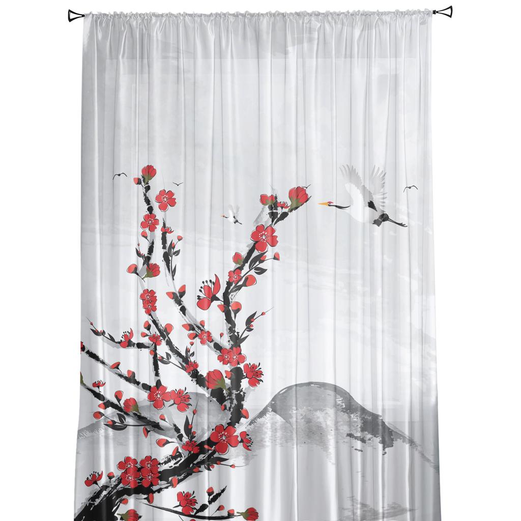 Chinese Ink Painting Plum Crane Flower Art Sheer Curtains for Living Room Decor Window Curtains Kitchen Tulle Voile Curtains