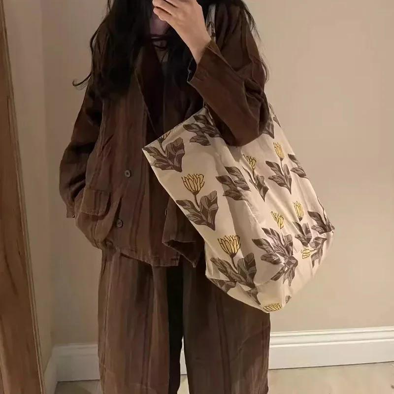 Retro National Style Embroidery Large Capacity Floral Canvas Shoulder Crossbody Bag with Double Straps Multi-Purpose Bag